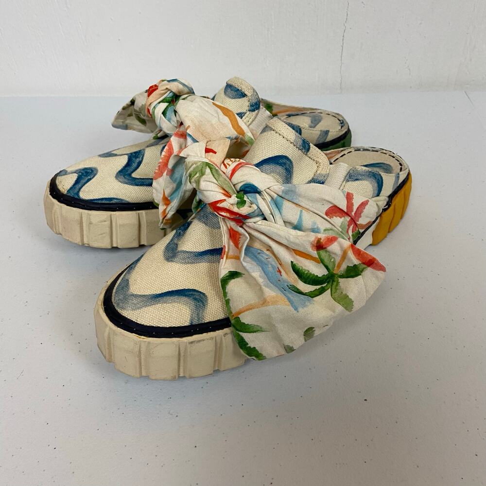 FARM Rio Canvas Bow Mules in Cream, Blue & Yellow